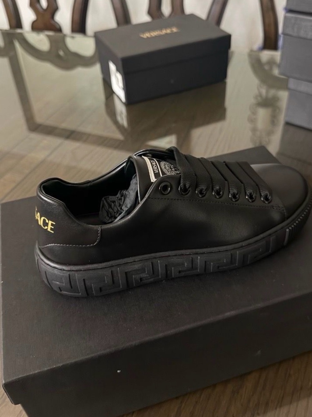 Versace Black Leather Low-Top Sneaker with Gold Heel Logo